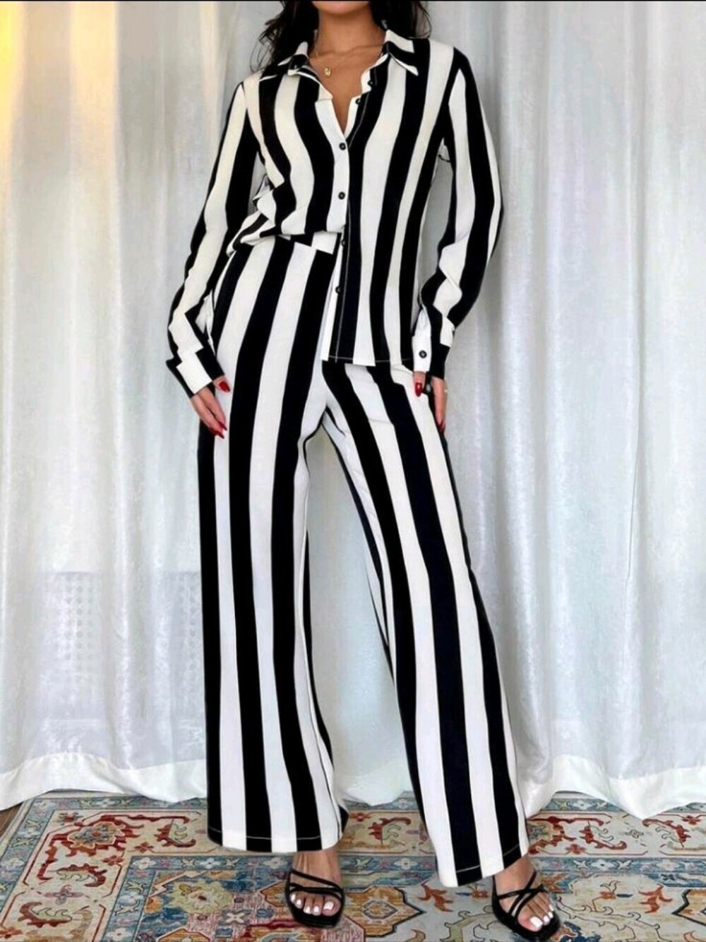 Women's French Elegant Casual, Black & White Long 2 Striped Long Pieces Set - Picture 6 of 6